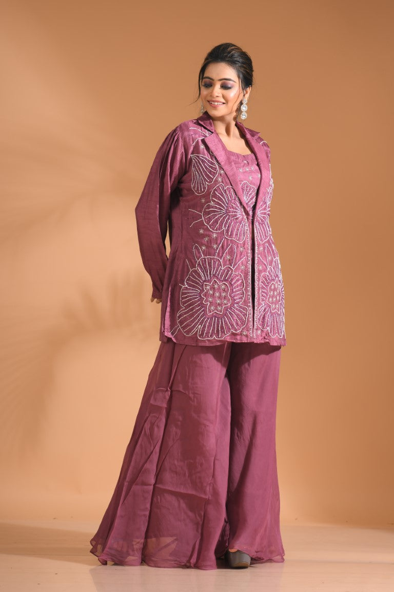 Morchari 3Pc Palazzo Set With Hand Embroidery - Purple 