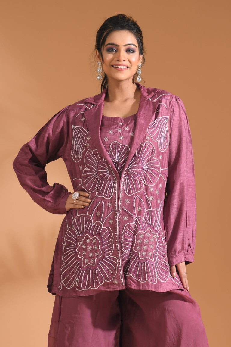 Morchari 3Pc Palazzo Set With Hand Embroidery - Purple 