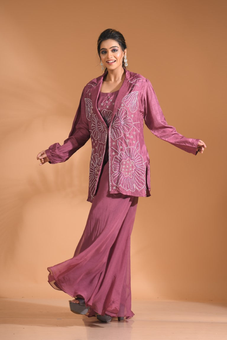 Morchari 3Pc Palazzo Set With Hand Embroidery - Purple 