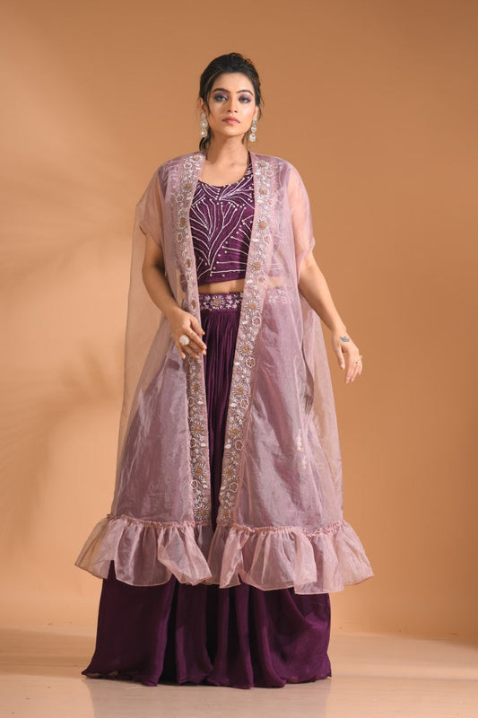 Morchari Co Ord Set With Long Jacket Hand Embroidery - Blue 