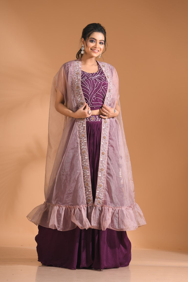 Morchari Co Ord Set With Long Jacket Hand Embroidery - Blue 