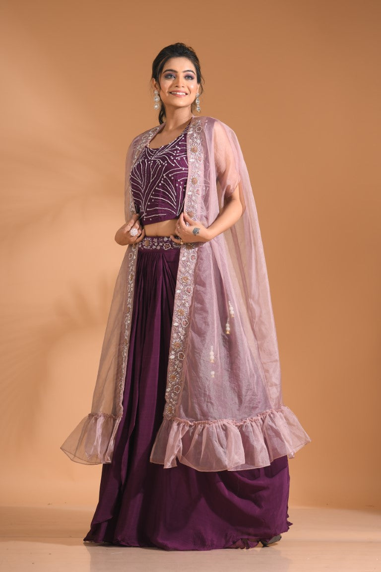 Morchari Co Ord Set With Long Jacket Hand Embroidery - Blue 