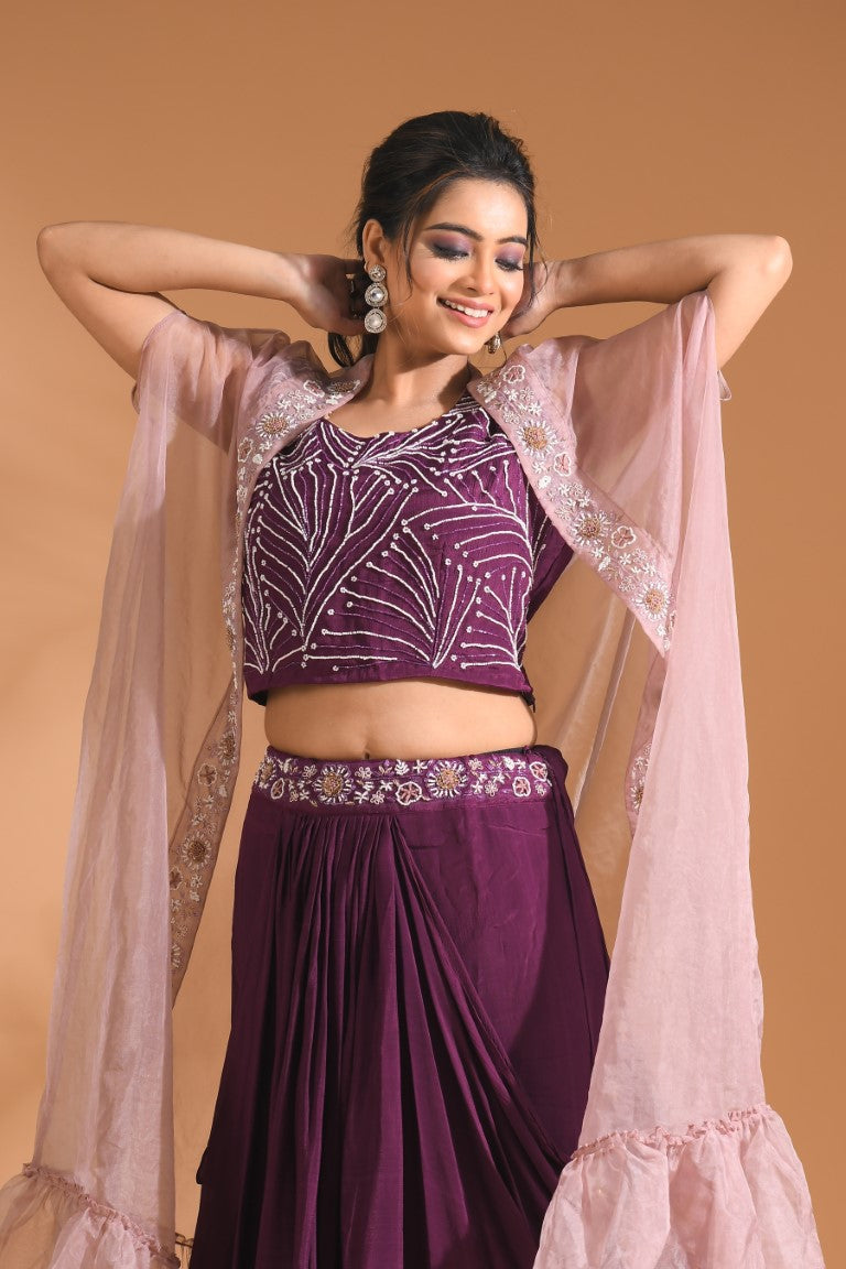 Morchari Co Ord Set With Long Jacket Hand Embroidery - Blue 