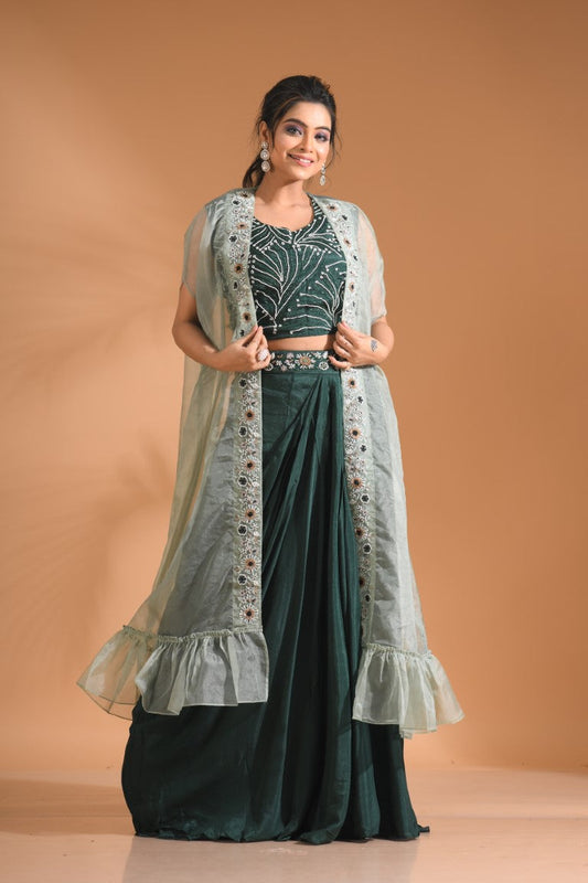 Morchari Co Ord Set With Long Jacket Hand Embroidery - Green 