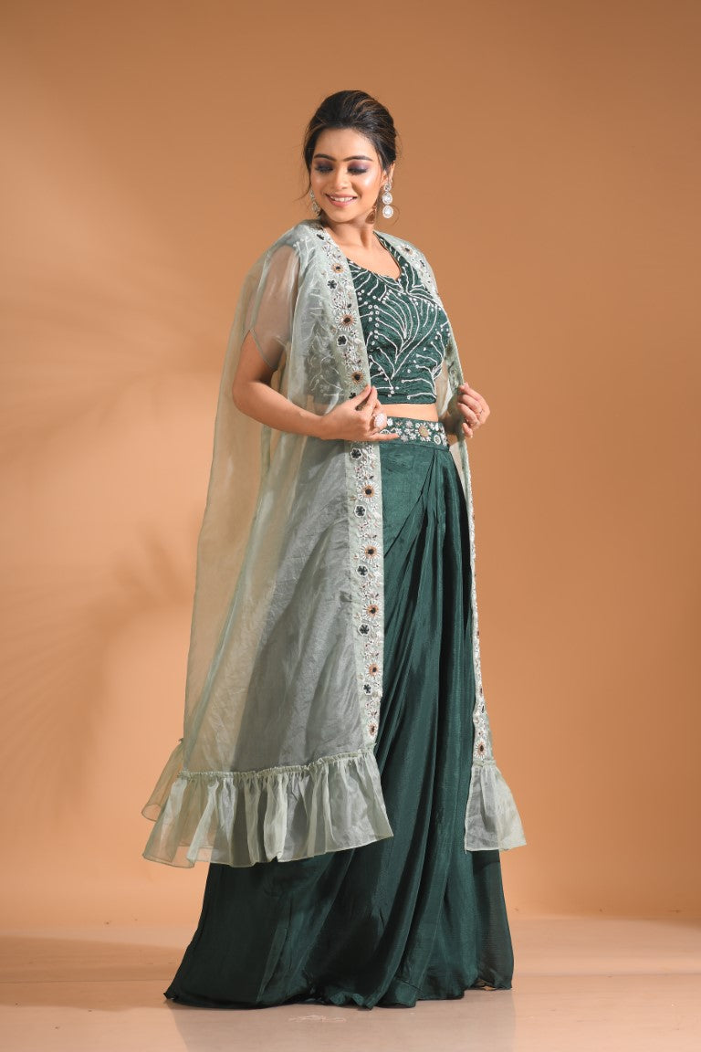 Morchari Co Ord Set With Long Jacket Hand Embroidery - Green 