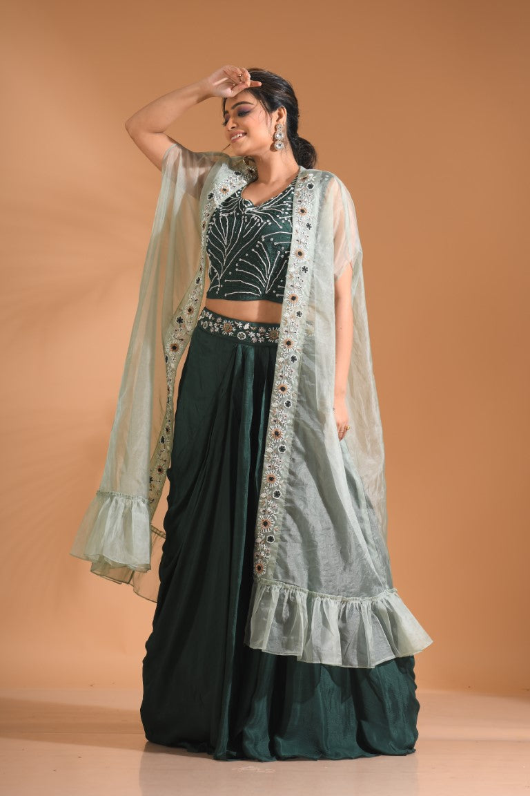 Morchari Co Ord Set With Long Jacket Hand Embroidery - Green 