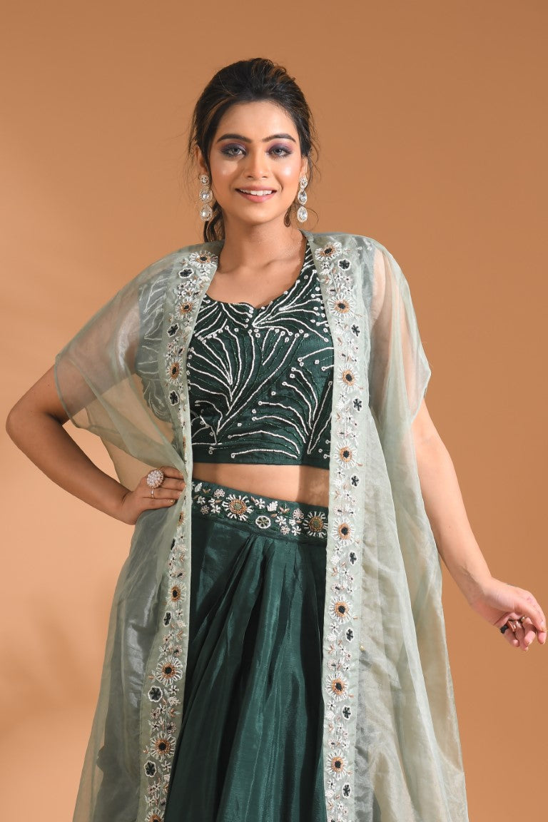 Morchari Co Ord Set With Long Jacket Hand Embroidery - Green 