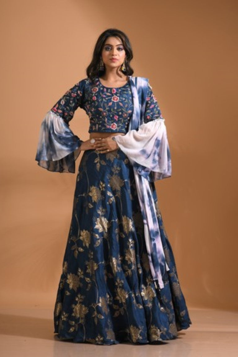Morchari Crop Top With Tie & Dye Dupatta Hand Embroidery - Blue | Grab2Buy