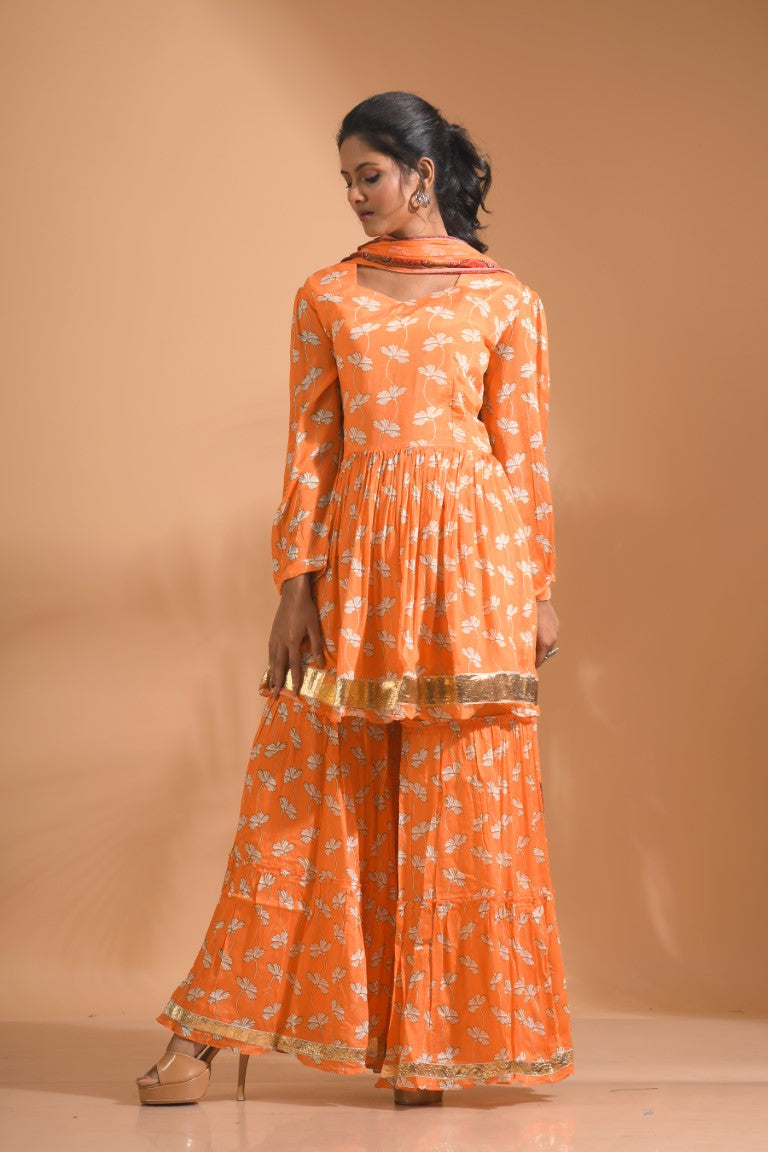 Morchari Sharara Top Set With Dupatta - Orange