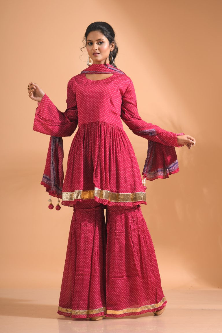 Morchari Sharara Top Set With Dupatta - Pink