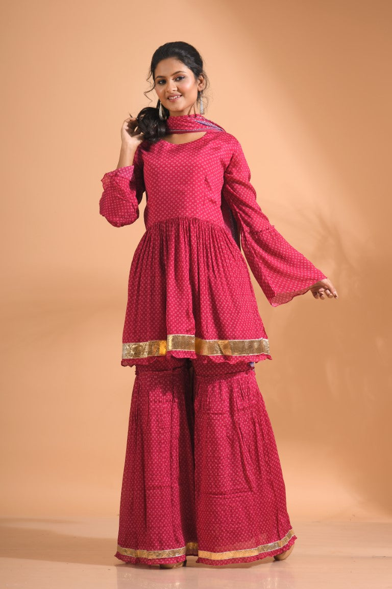 Morchari Sharara Top Set With Dupatta - Pink