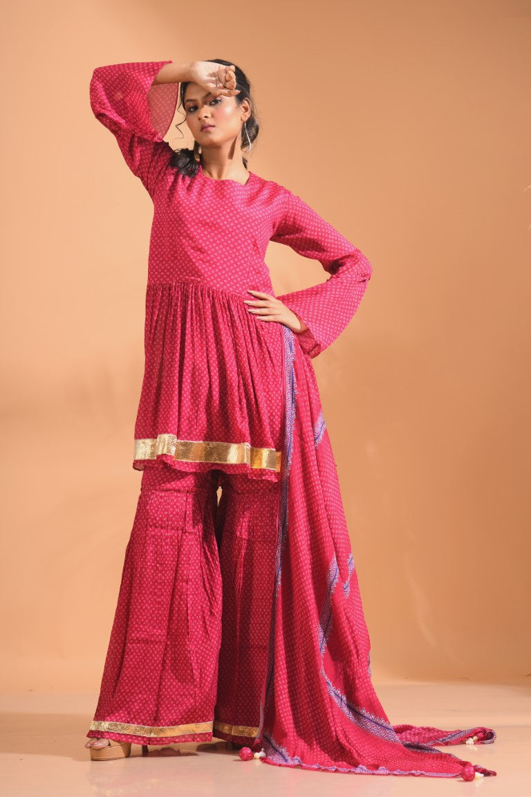 Morchari Sharara Top Set With Dupatta - Pink