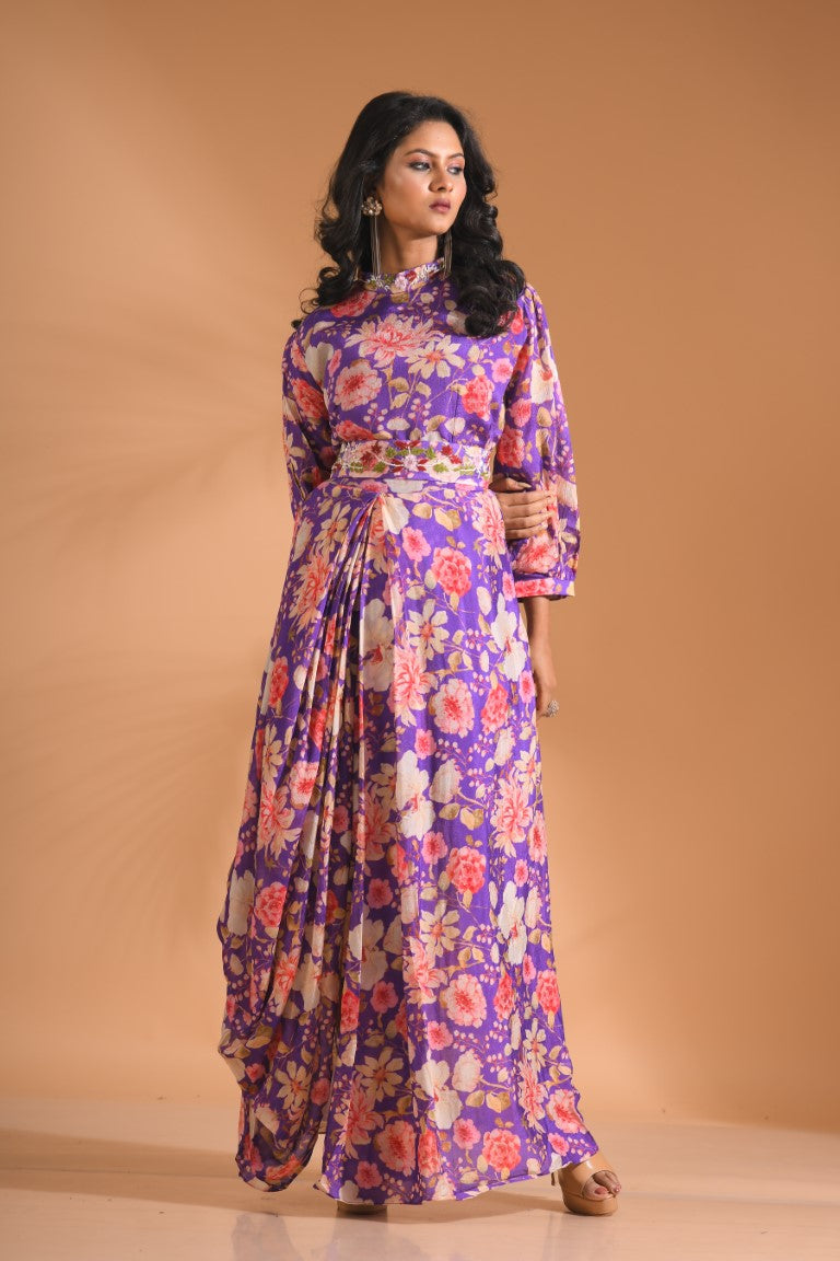 Morchari Long Gown With Hand Embroidery - Purple