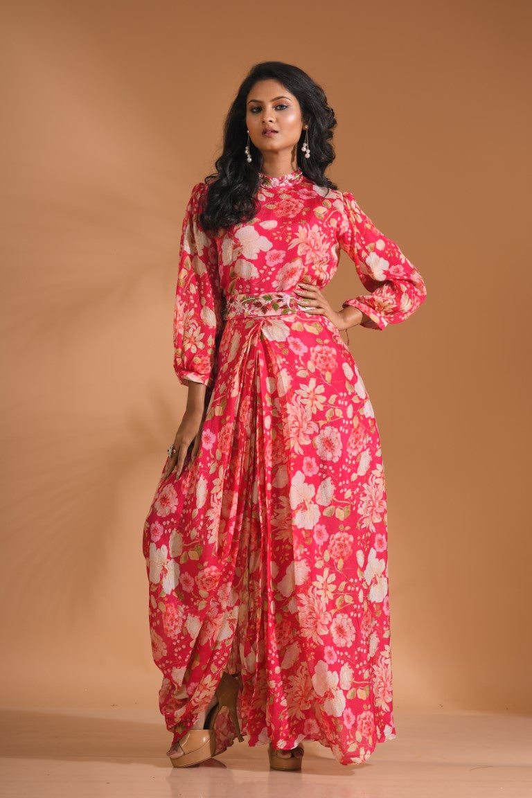 Morchari Long Gown With Hand Embroidery - Red
