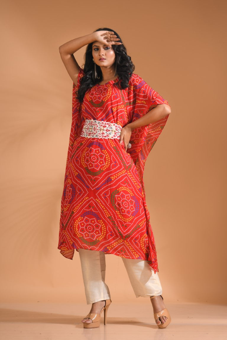 Morchari Bandhani Kaftan And Golden Pant With Hand Embroidery - Red