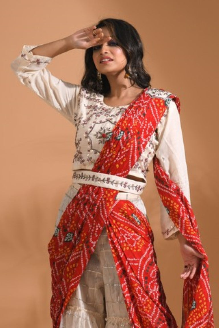 Morchari Sharara Set Attached With Dupatta With Hand Embroidery - Cream