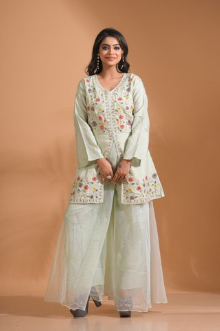Morchari Co Ord Set With Hand Embroidery - Light Green 