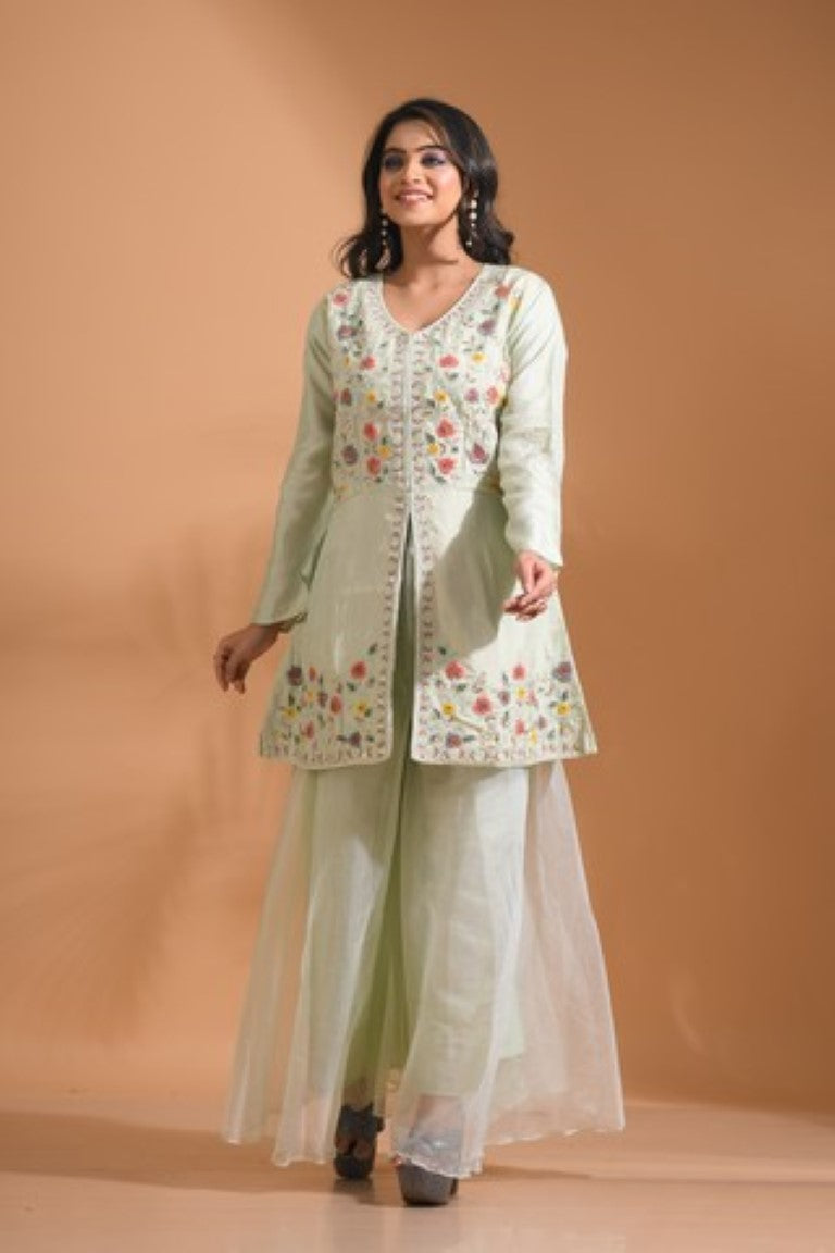 Morchari Co Ord Set With Hand Embroidery - Light Green 