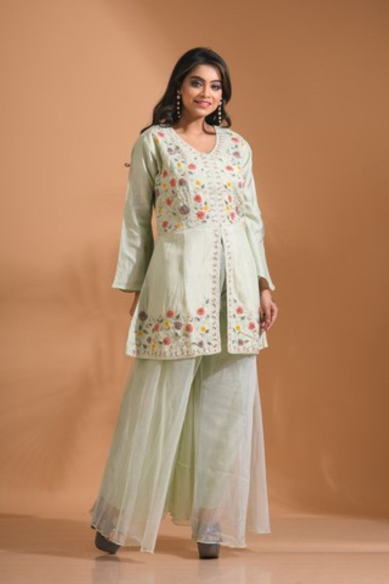 Morchari Co Ord Set With Hand Embroidery - Light Green 