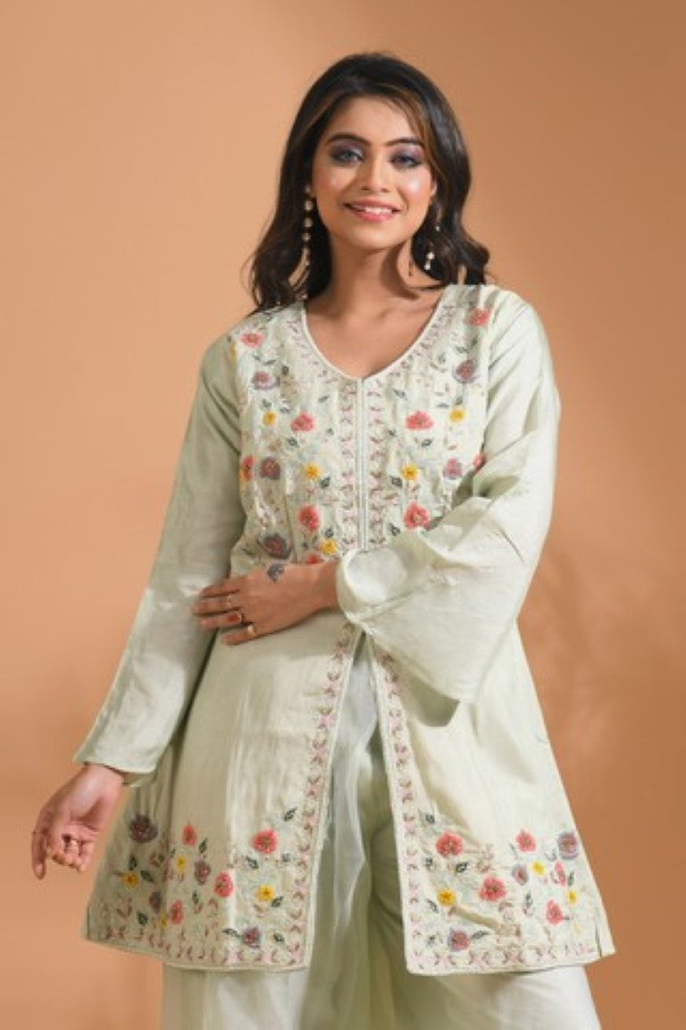 Morchari Co Ord Set With Hand Embroidery - Light Green 