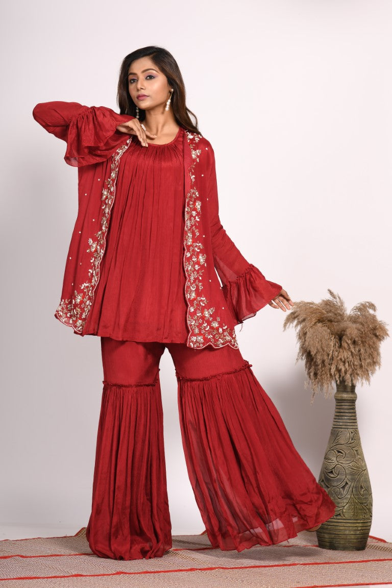 Morchari Jacket With Sharara Set With Hand Embroidery - Red