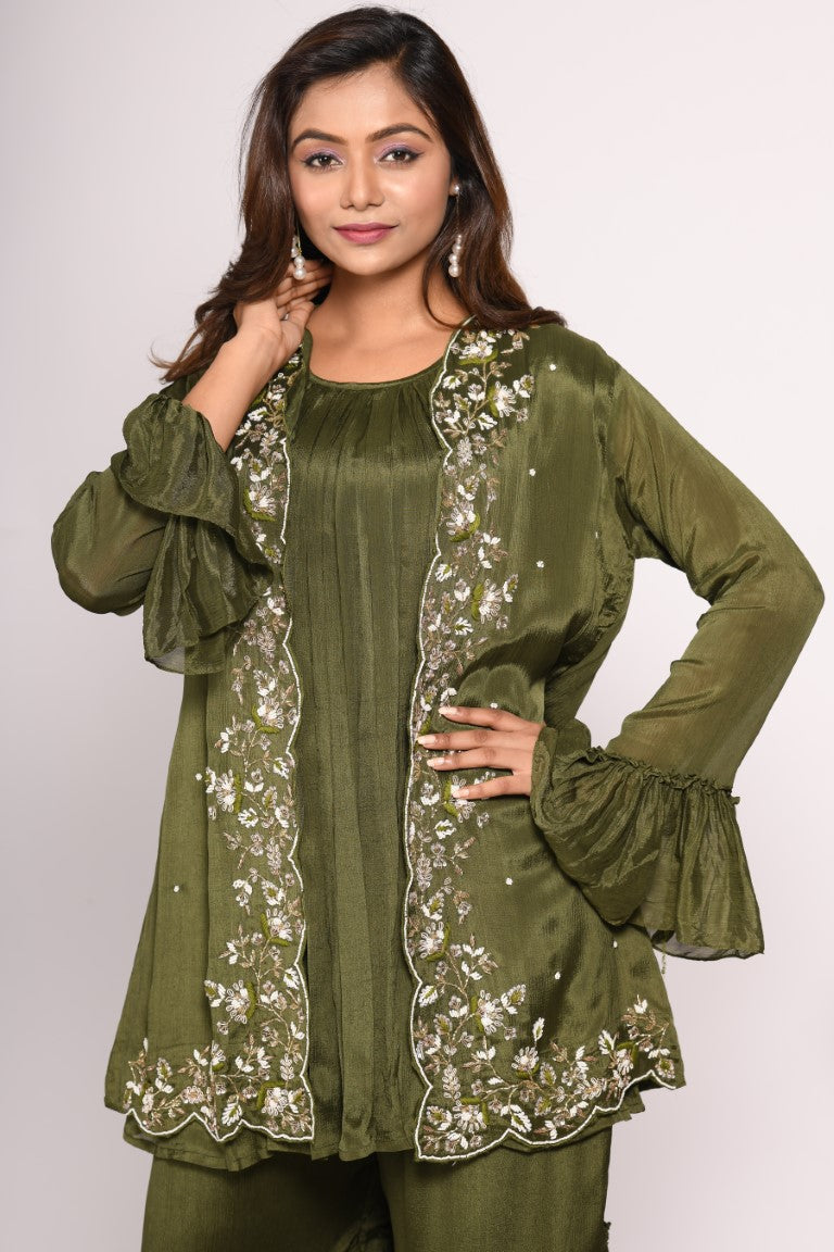 Morchari Jacket With Sharara Set With Hand Embroidery - Green