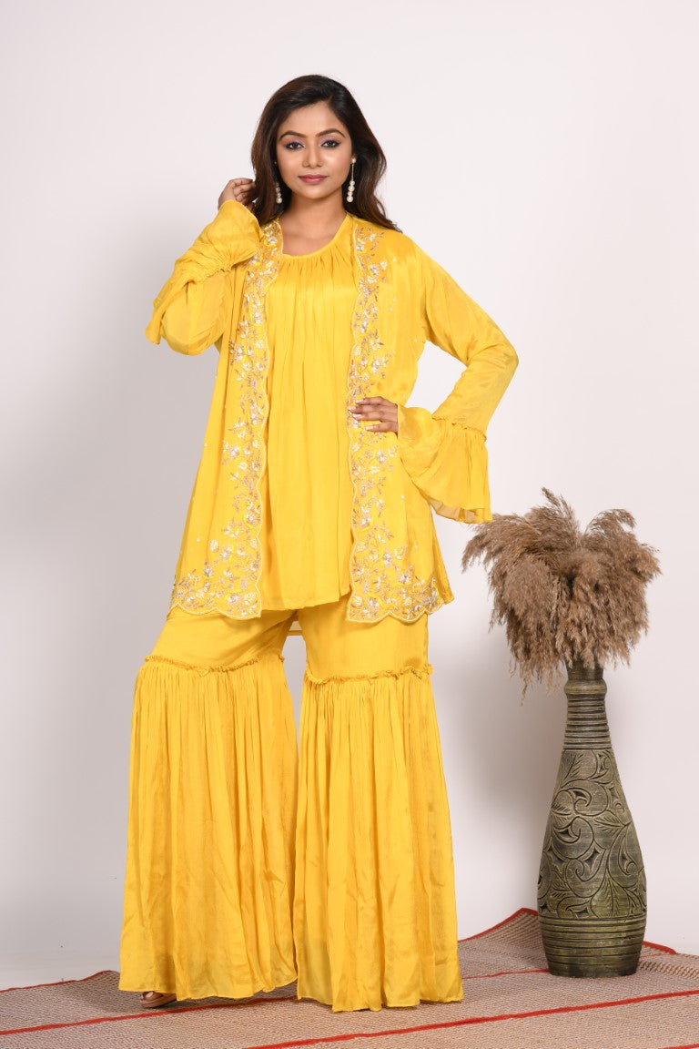 Morchari Jacket With Sharara Set With Hand Embroidery - Yellow