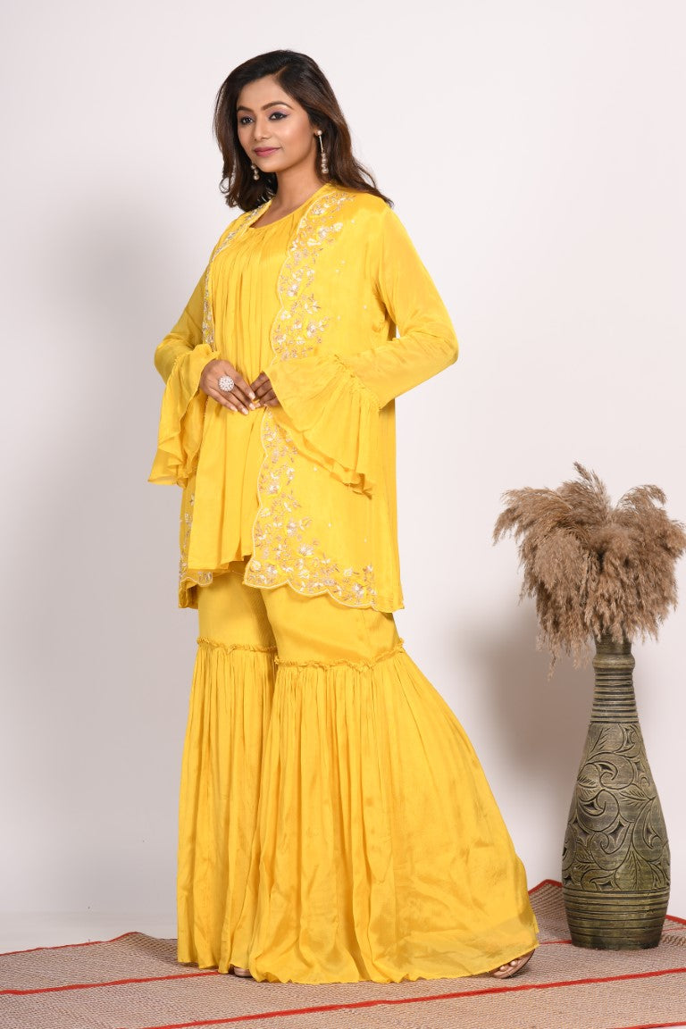 Morchari Jacket With Sharara Set With Hand Embroidery - Yellow
