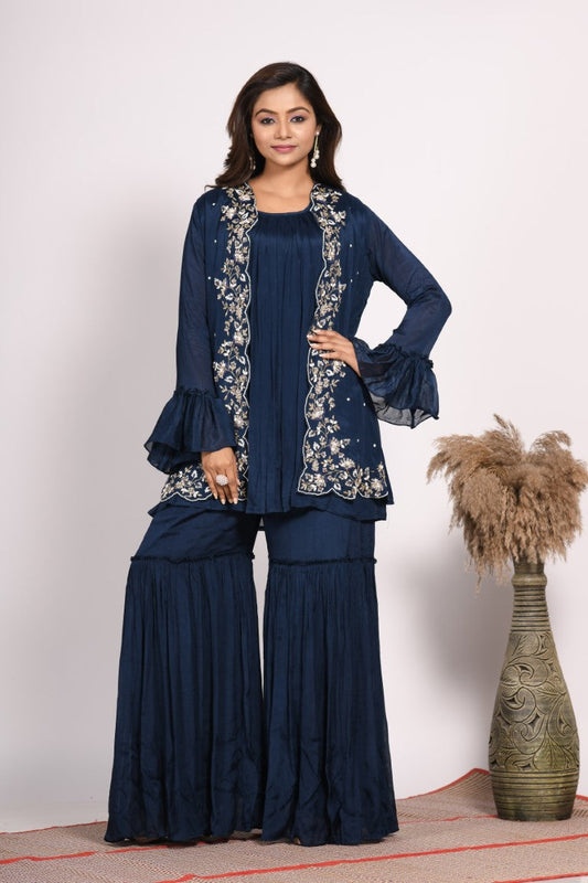 Morchari Jacket With Sharara Set With Hand Embroidery - Blue