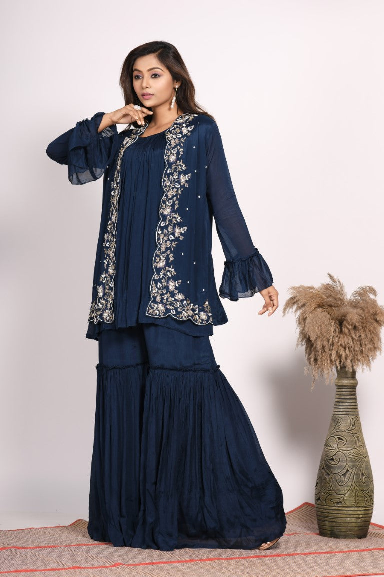 Morchari Jacket With Sharara Set With Hand Embroidery - Blue