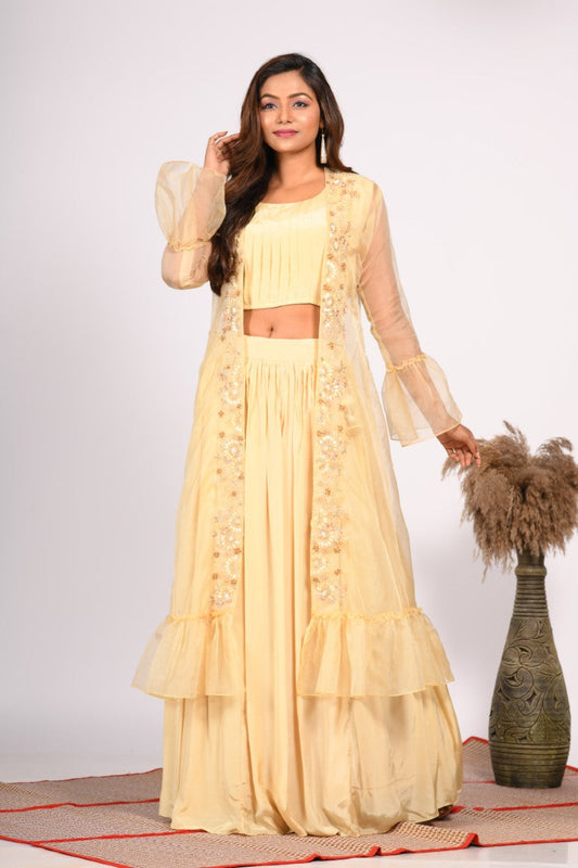 Morchari Crop Top With Jacket With Hand Embroidery - Yellow
