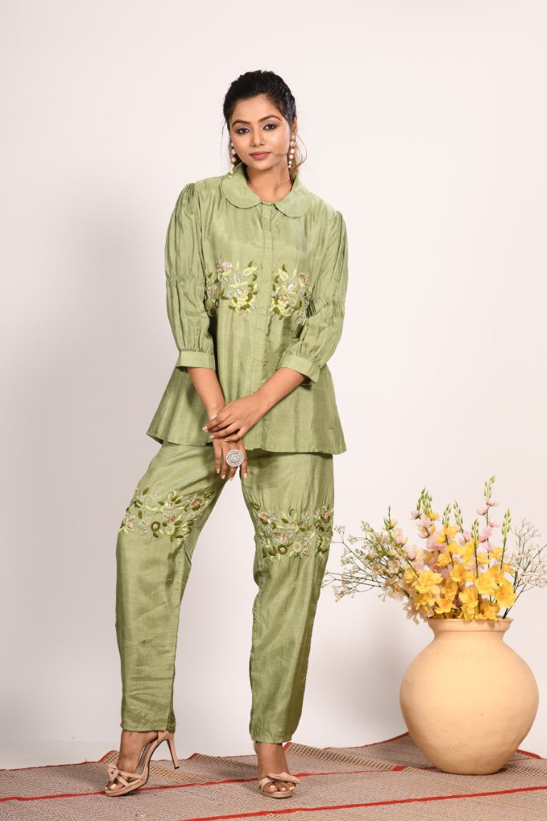 Morchari Co Ord Set With Hand Embroidery - Green 