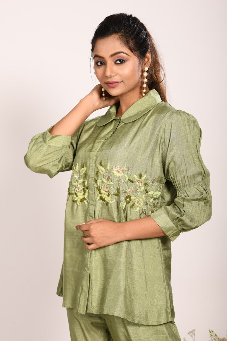 Morchari Co Ord Set With Hand Embroidery - Green 