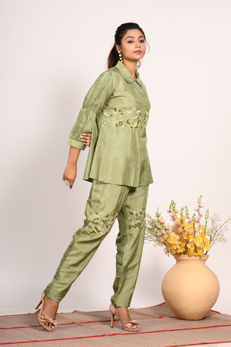Morchari Co Ord Set With Hand Embroidery - Green 