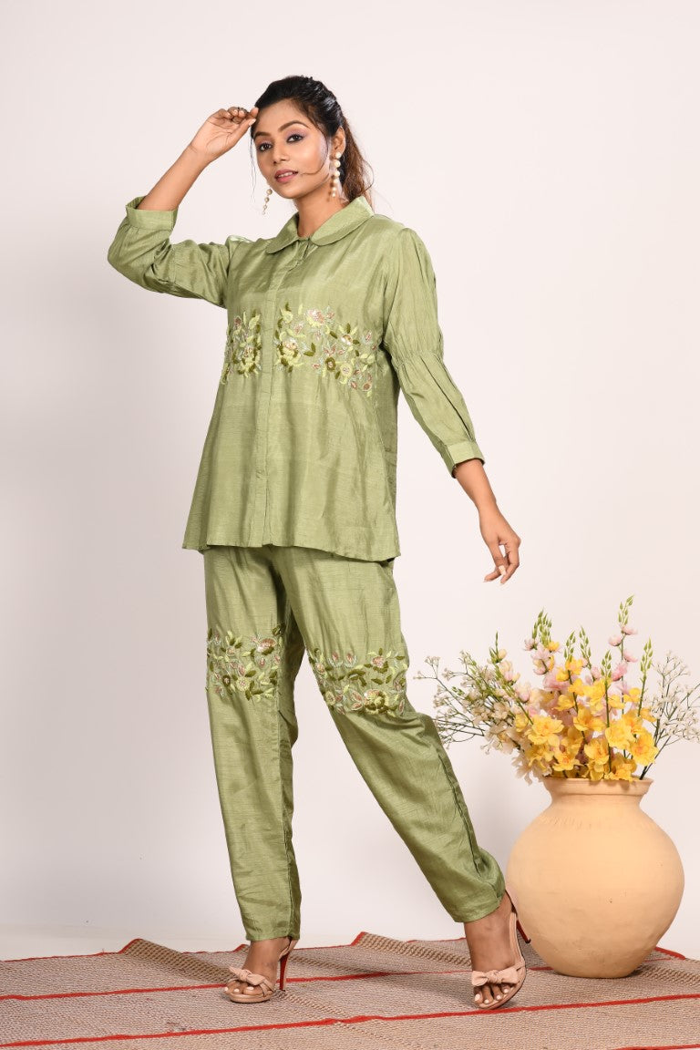 Morchari Co Ord Set With Hand Embroidery - Green 