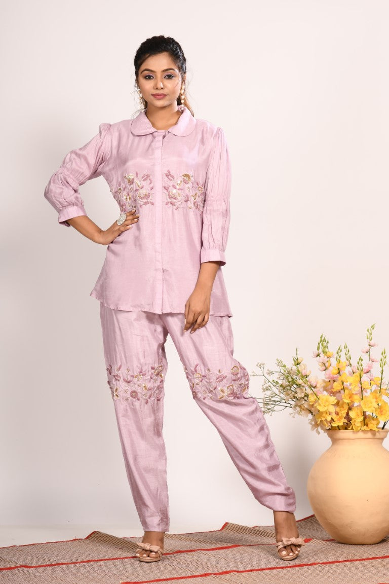 Morchari Co Ord Set With Hand Embroidery - Purple 