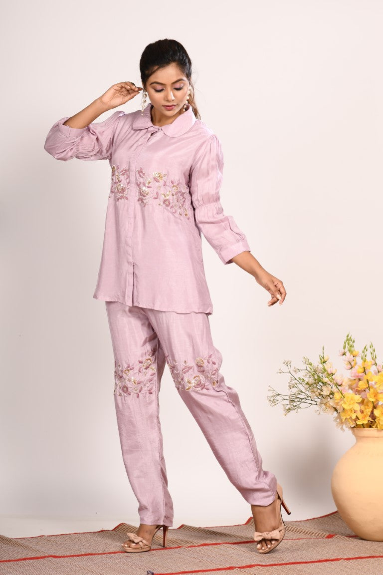 Morchari Co Ord Set With Hand Embroidery - Purple 