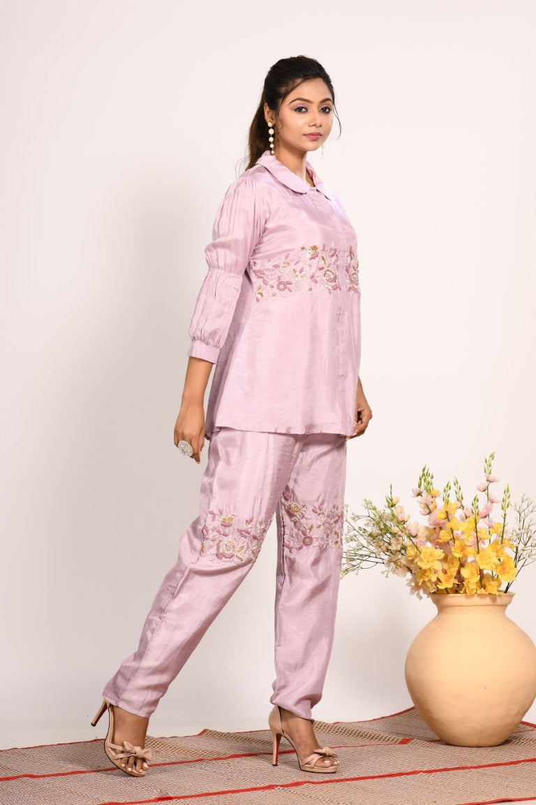 Morchari Co Ord Set With Hand Embroidery - Purple 