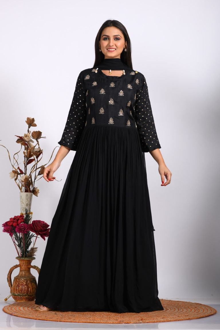 Morchari Long Gown With Dupatta & Hand Embroidery - Black