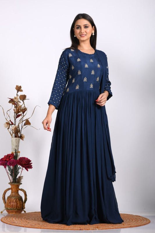 Morchari Long Gown With Dupatta & Hand Embroidery - Blue