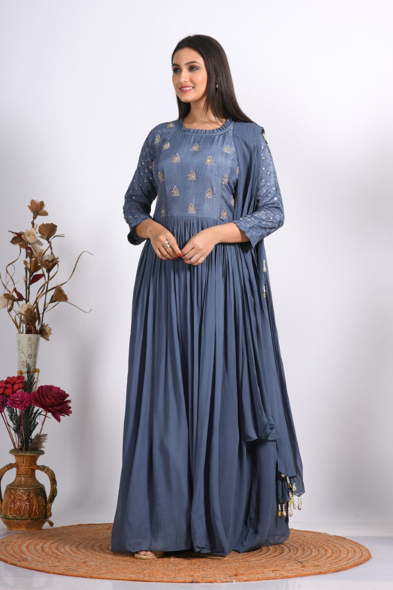 Morchari Long Gown With Dupatta & Hand Embroidery - Grey