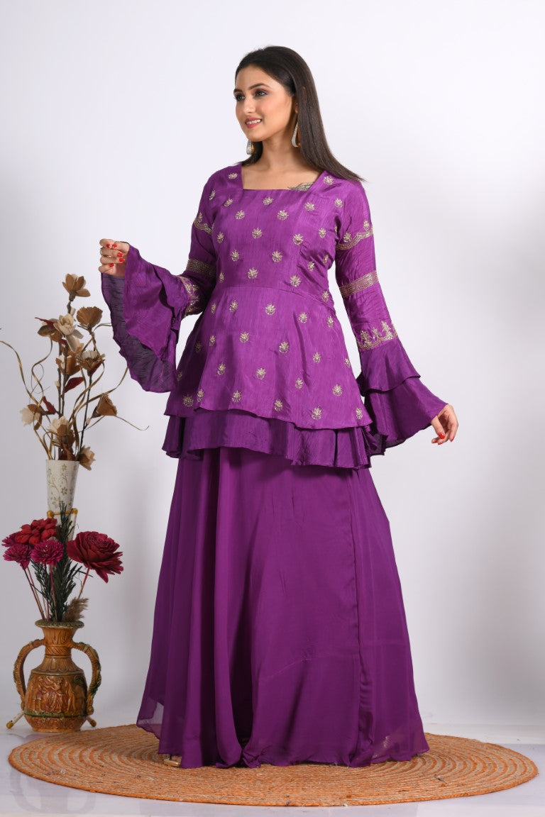 Morchari Long Jacket With Skirt & Hand Embroidery - Purple