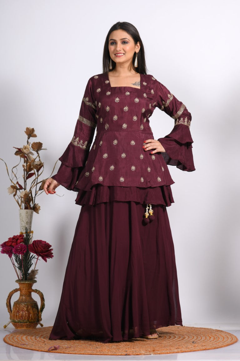 Morchari Long Jacket With Skirt & Hand Embroidery - Maroon