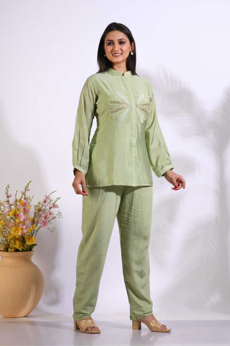 Morchari Co Ord Set With Hand Embroidery - Green 