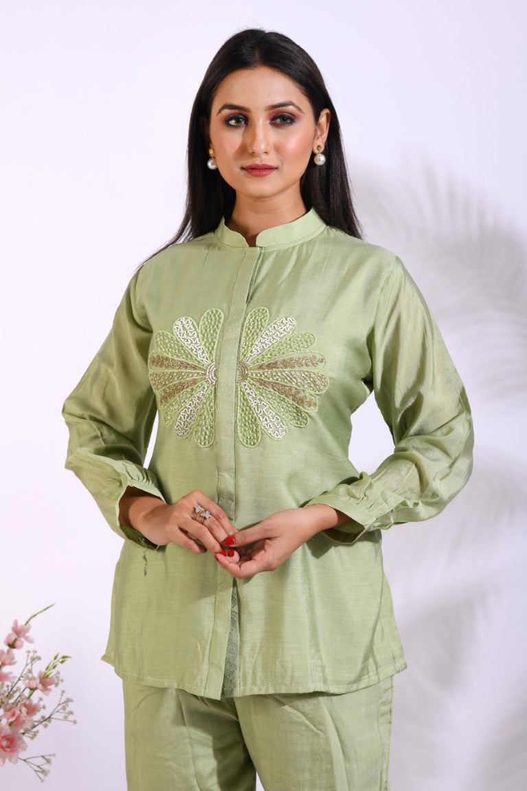 Morchari Co Ord Set With Hand Embroidery - Green 