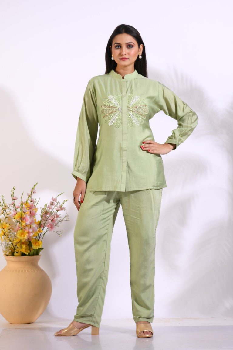 Morchari Co Ord Set With Hand Embroidery - Green 