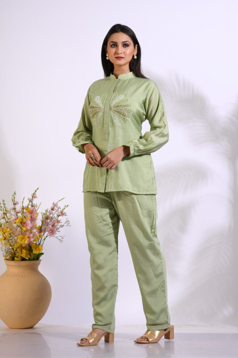 Morchari Co Ord Set With Hand Embroidery - Green 