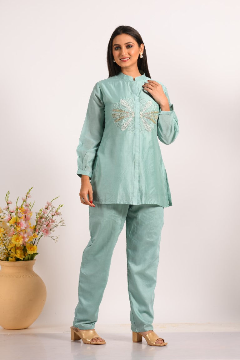 Morchari Co Ord Set With Hand Embroidery - Sky Blue 