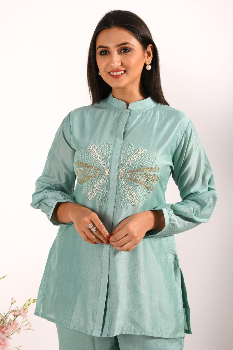 Morchari Co Ord Set With Hand Embroidery - Sky Blue 