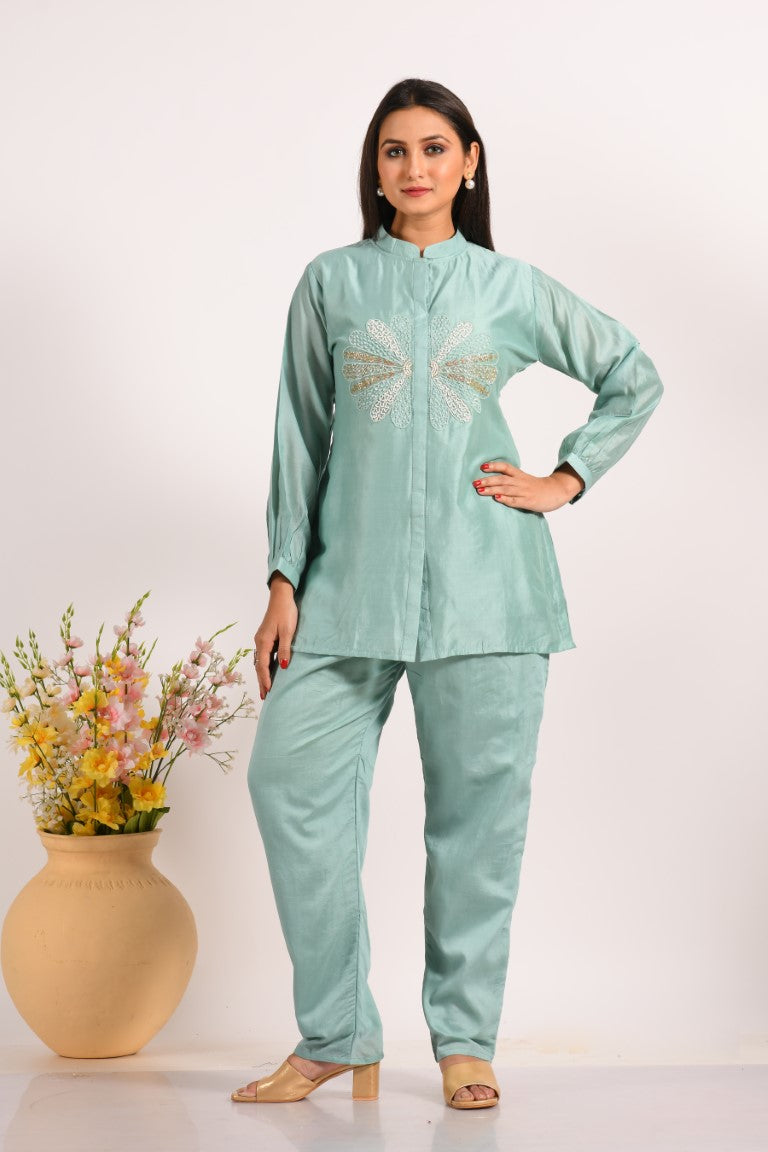 Morchari Co Ord Set With Hand Embroidery - Sky Blue 